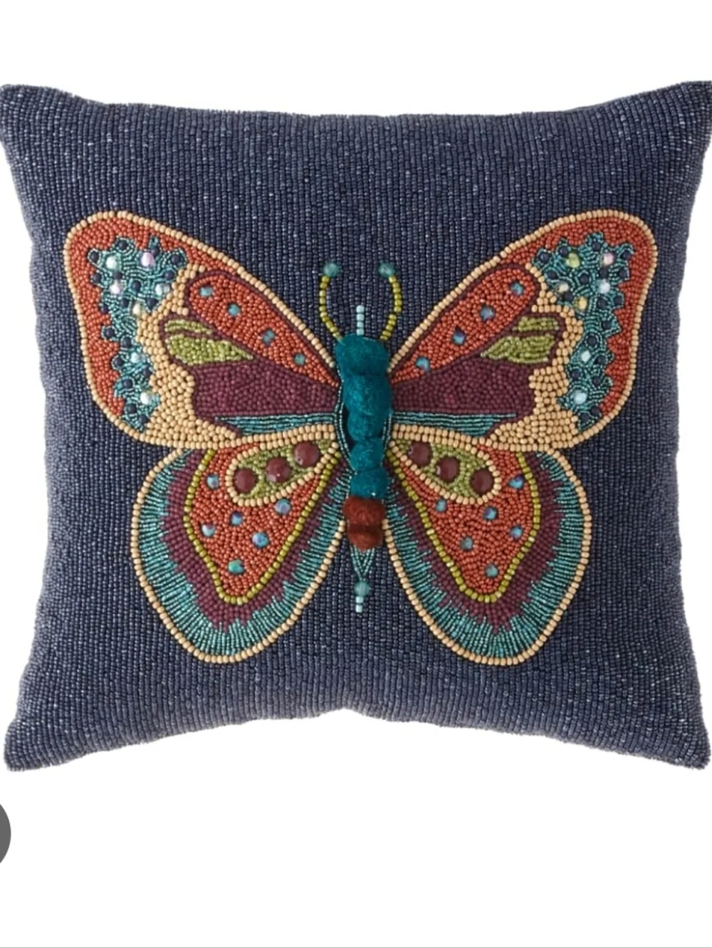 NWOT Mackenzie-Childs Boheme Butterfly Beaded Accent Pillow Blue Background